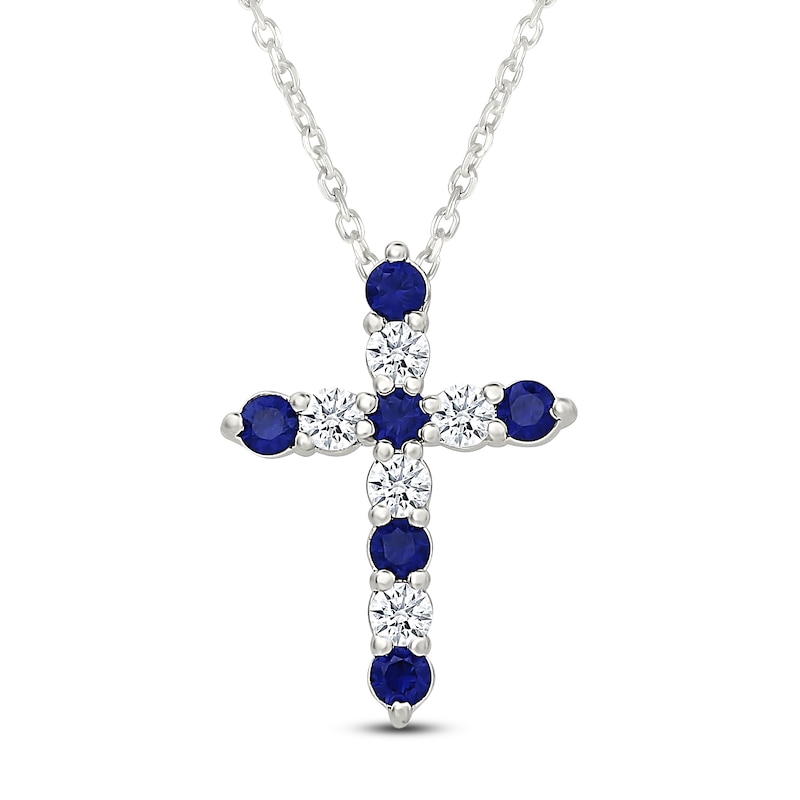 Main Image 1 of Blue Lab-Created Sapphire & White Lab-Created Sapphire Cross Necklace Sterling Silver 18"