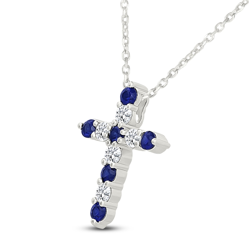 Main Image 2 of Blue Lab-Created Sapphire & White Lab-Created Sapphire Cross Necklace Sterling Silver 18"