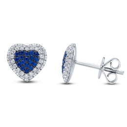 Shy Creation Natural Blue Sapphire & Diamond Heart Stud Earrings 1/3 ct tw 14K White Gold
