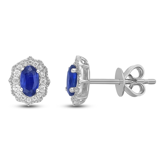 Oval-Cut Natural Blue Sapphire & Diamond Arabesque Halo Stud Earrings 1/8 ct tw 10K White Gold
