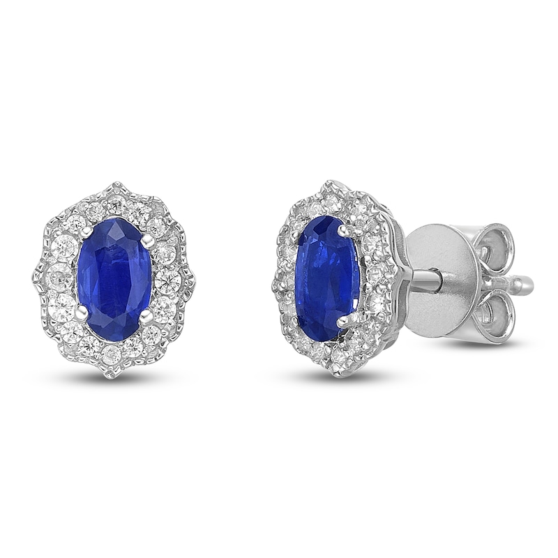 Main Image 2 of Oval-Cut Natural Blue Sapphire & Diamond Arabesque Halo Stud Earrings 1/8 ct tw 10K White Gold