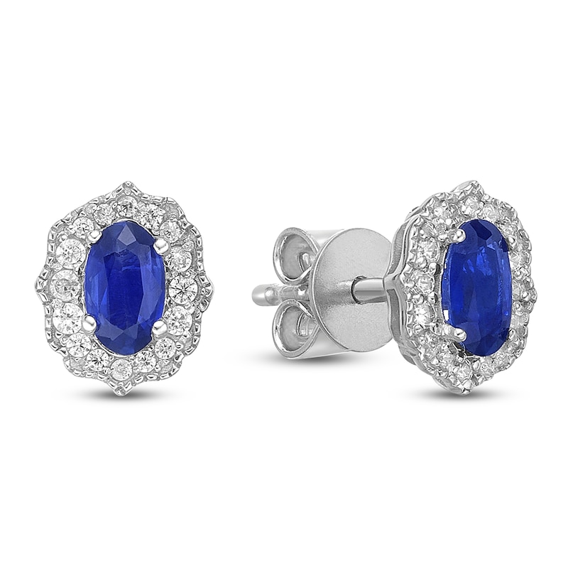 Main Image 3 of Oval-Cut Natural Blue Sapphire & Diamond Arabesque Halo Stud Earrings 1/8 ct tw 10K White Gold