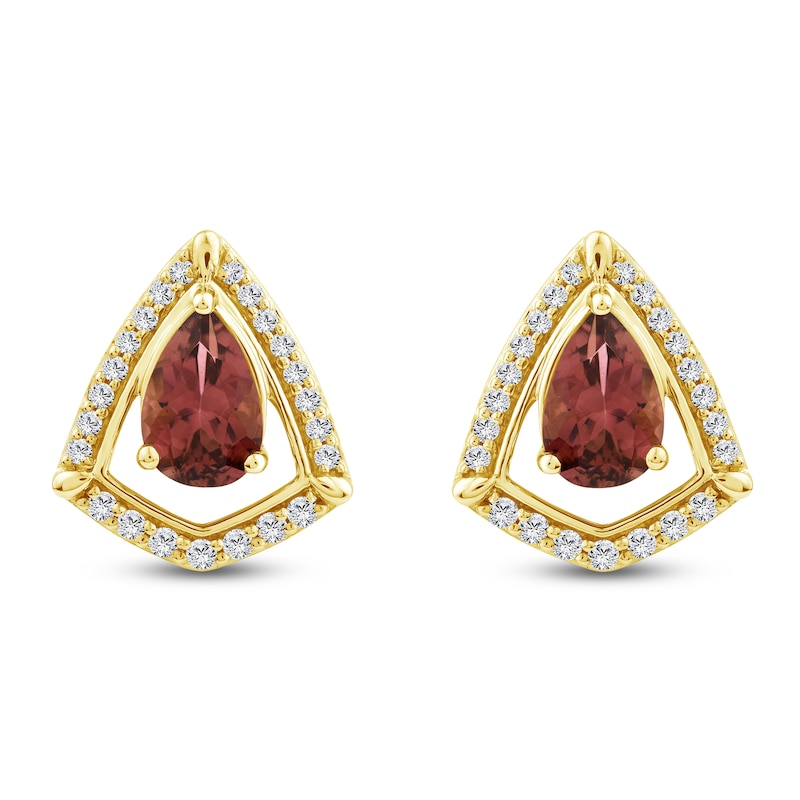 Main Image 1 of Pear-Shaped Natural Brazilian Cruzeiro Pink Tourmaline & Diamond Frame Earrings 1/6 ct tw 14K Yellow Gold
