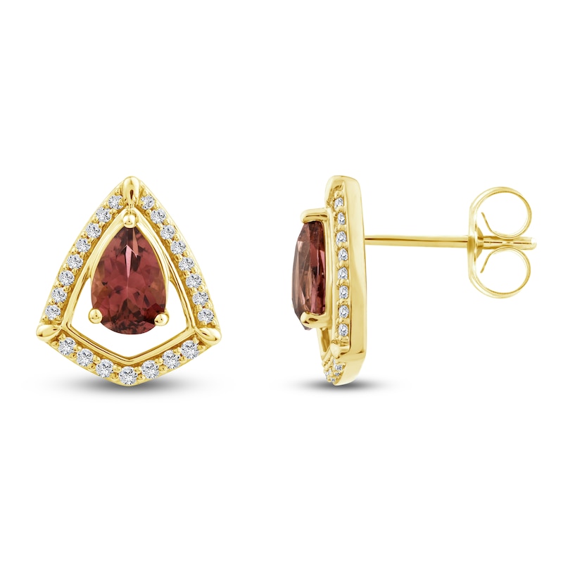 Main Image 2 of Pear-Shaped Natural Brazilian Cruzeiro Pink Tourmaline & Diamond Frame Earrings 1/6 ct tw 14K Yellow Gold