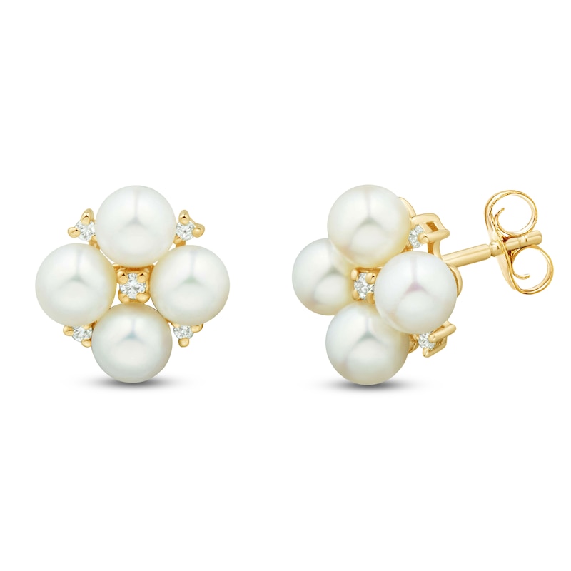 Main Image 1 of Cultured Pearl & Diamond Cluster Stud Earrings 1/20 ct tw 14K Yellow Gold