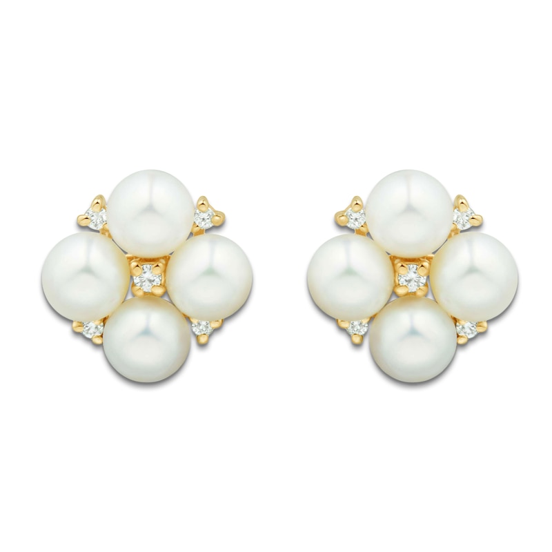 Main Image 2 of Cultured Pearl & Diamond Cluster Stud Earrings 1/20 ct tw 14K Yellow Gold
