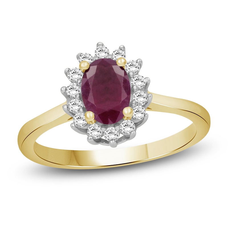 Main Image 1 of Oval-Cut Certified Natural Ruby & Diamond Starburst Halo Ring 1/5 ct tw 14K Yellow Gold