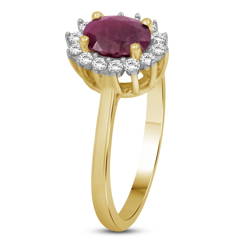 Main Image 2 of Oval-Cut Certified Natural Ruby & Diamond Starburst Halo Ring 1/5 ct tw 14K Yellow Gold