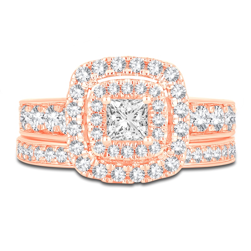 Main Image 3 of Diamond Double Halo Bridal Set 1-1/2 ct tw Princess/Round 14K Rose Gold