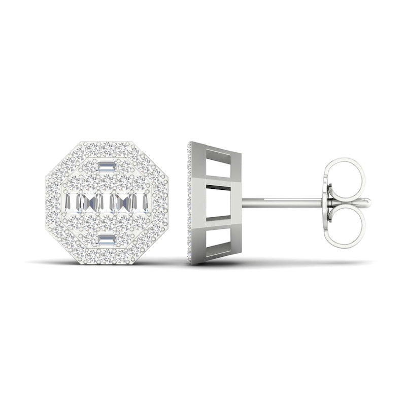 Main Image 2 of Men's Diamond Stud Earrings 1/2 ct tw Round/Baguette 10K White Gold