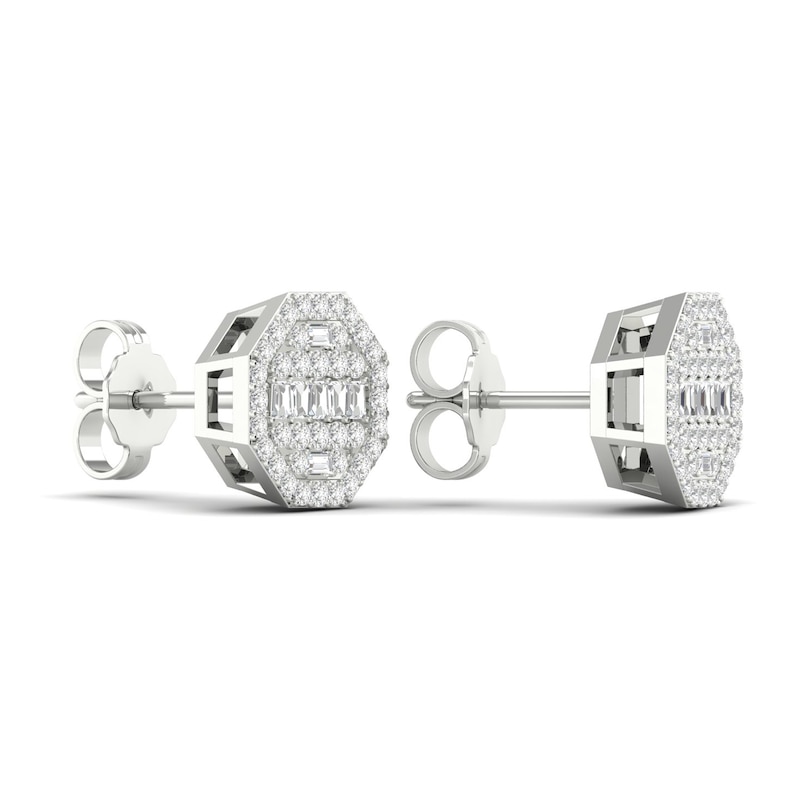 Main Image 3 of Men's Diamond Stud Earrings 1/2 ct tw Round/Baguette 10K White Gold