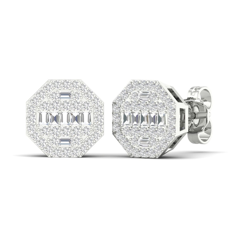 Men's Diamond Stud Earrings 1/2 ct tw Round/Baguette 10K White Gold