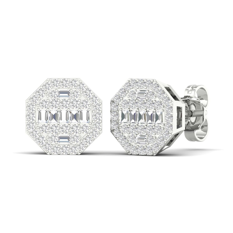 Main Image 4 of Men's Diamond Stud Earrings 1/2 ct tw Round/Baguette 10K White Gold