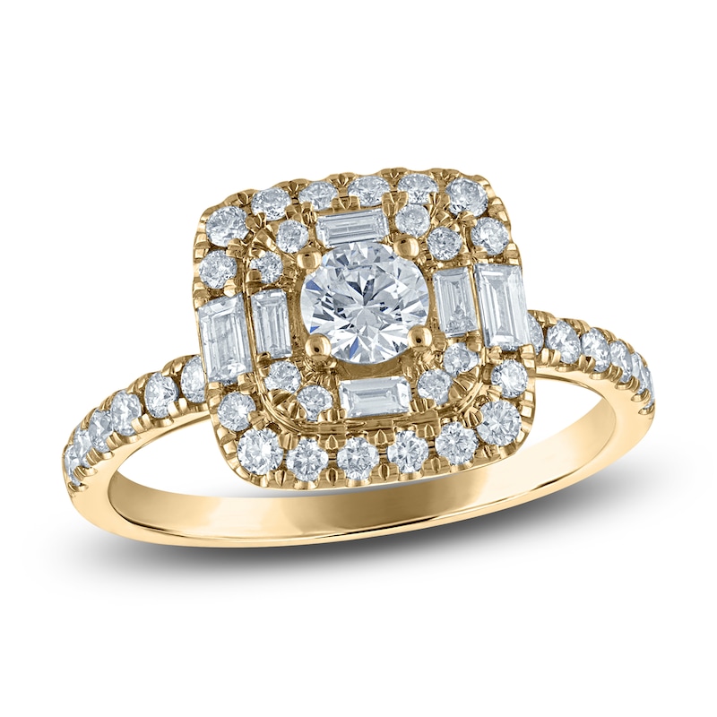 Round & Baguette-Cut Diamond Engagement Ring 7/8 ct tw 14K Yellow Gold ...