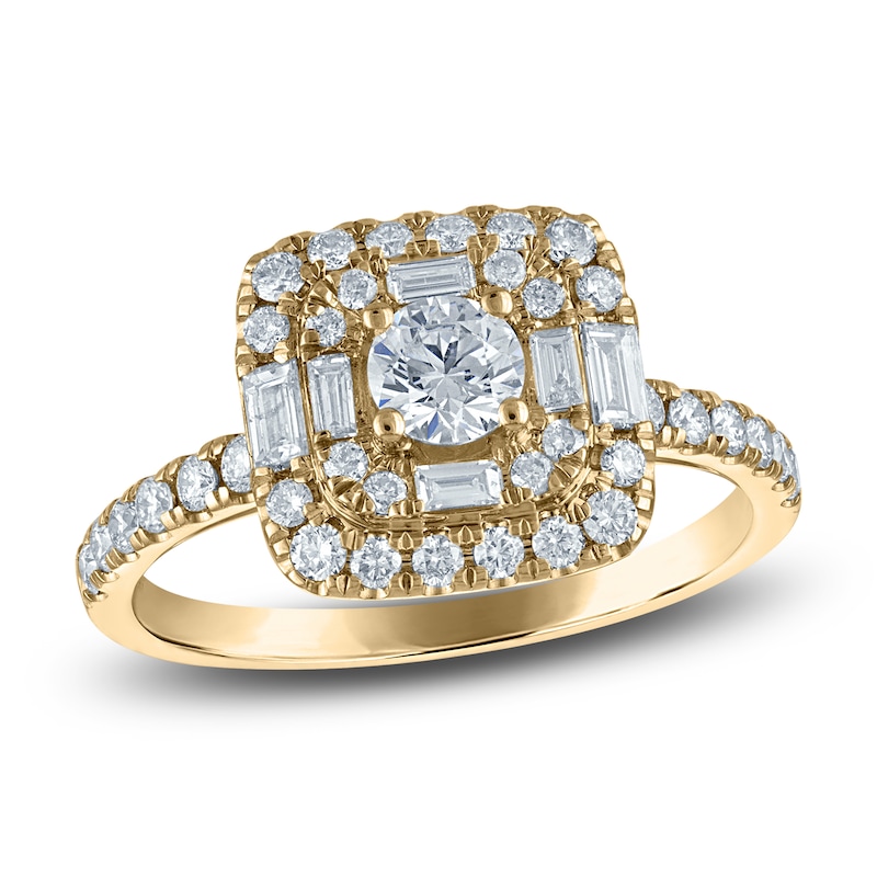 Main Image 1 of Round & Baguette-Cut Diamond Engagement Ring 7/8 ct tw 14K Yellow Gold