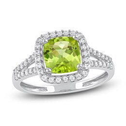 Natural Peridot Ring 1/3 ct tw Diamonds 14K White Gold