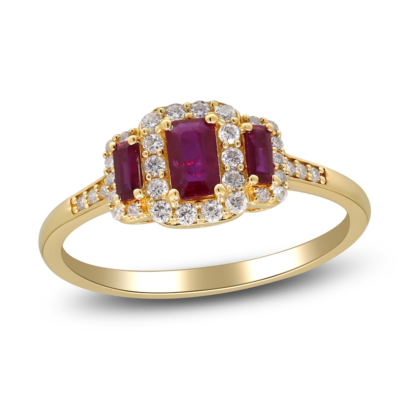 Main Image 1 of Natural Ruby & Diamond 3-Stone Ring 1/5 ct tw 14K Yellow Gold