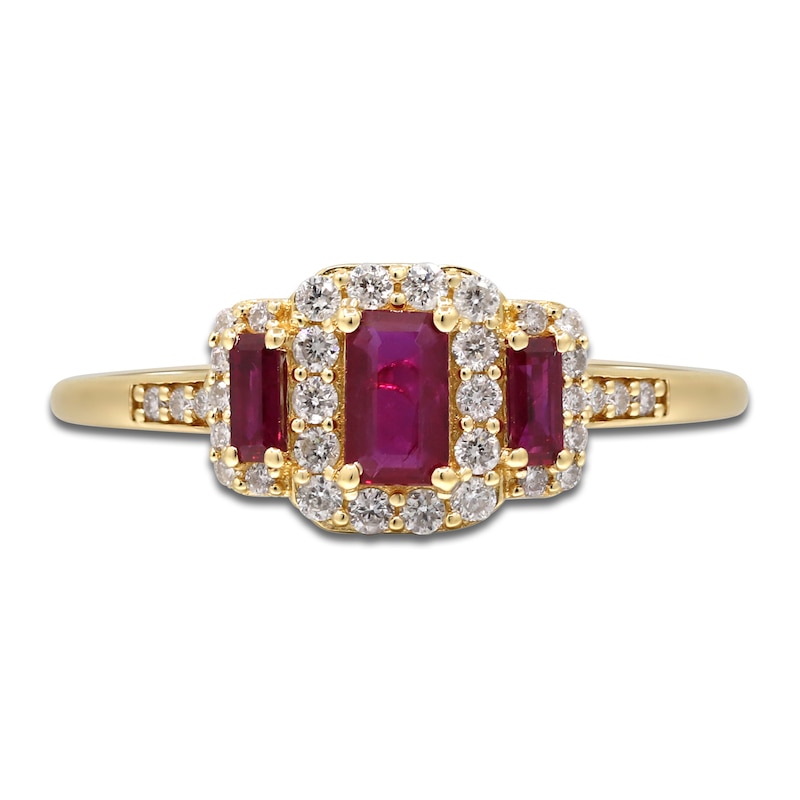 Main Image 2 of Natural Ruby & Diamond 3-Stone Ring 1/5 ct tw 14K Yellow Gold