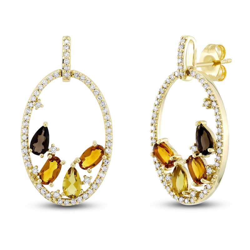 Main Image 1 of Natural Citrine, Smoky Quartz, & Diamond Earrings 3/8 ct tw 10K Yellow Gold