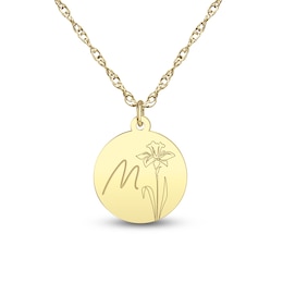 Birth Flower & Script Initial Disc Necklace 24K Yellow Gold-Plated Sterling Silver 18"