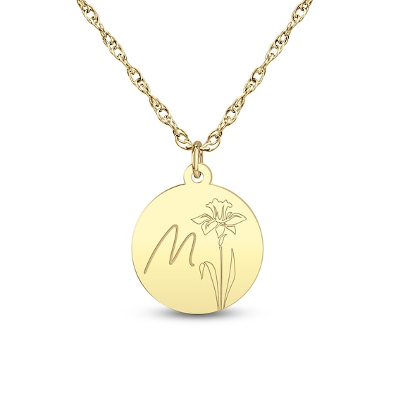 Birth Flower & Script Initial Disc Necklace 24K Yellow Gold-Plated Sterling Silver 18"