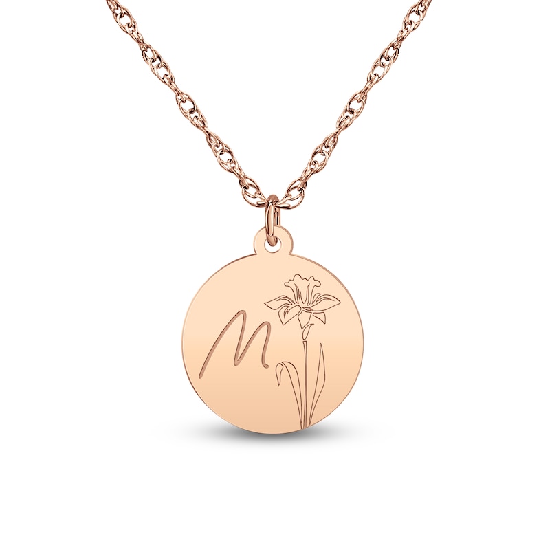 Main Image 1 of Birth Flower & Script Initial Disc Necklace 14K Rose Gold 18"