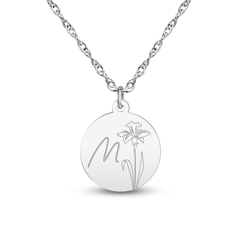 Main Image 1 of Birth Flower & Script Initial Disc Necklace 14K White Gold 18"