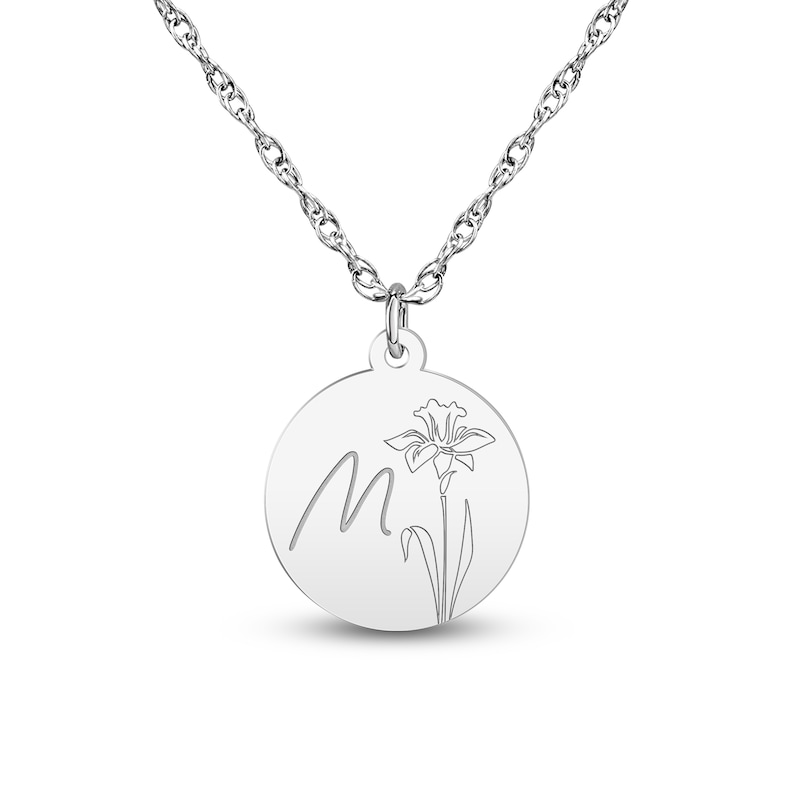 Main Image 1 of Birth Flower & Script Initial Disc Necklace Sterling Silver 18"