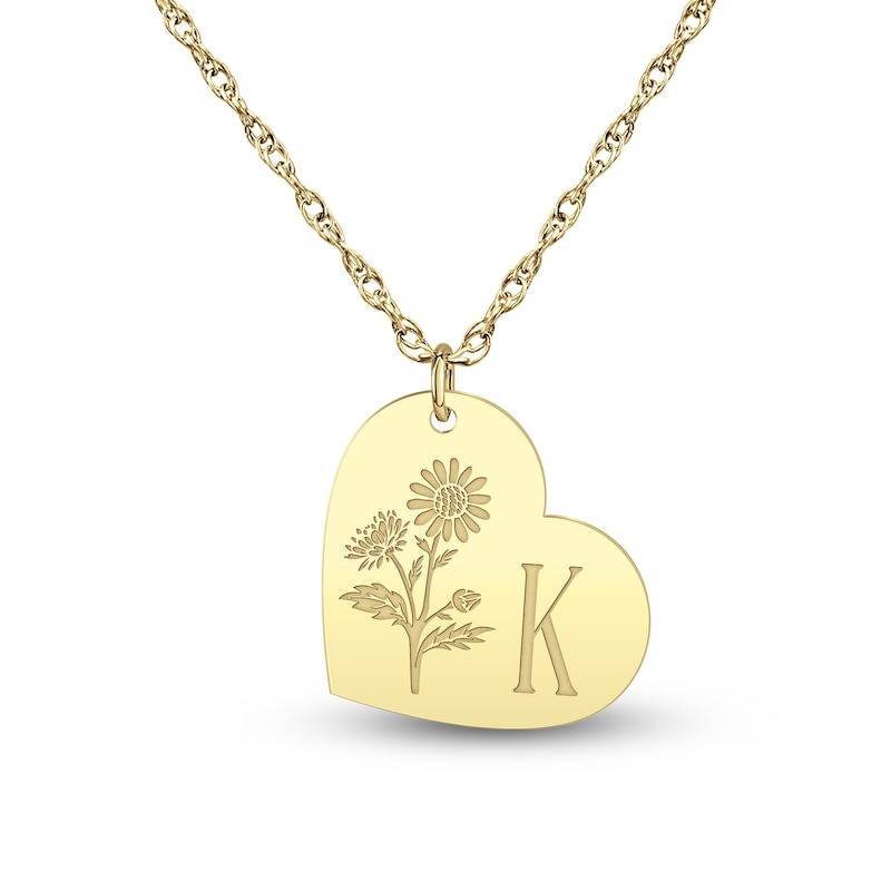 Main Image 1 of Birth Flower & Initial Tilted Heart Necklace 24K Yellow Gold-Plated Sterling Silver 18"