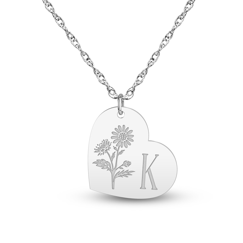 Main Image 1 of Birth Flower & Initial Tilted Heart Necklace 14K White Gold 18"