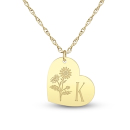 Birth Flower & Initial Tilted Heart Necklace 14K Yellow Gold 18"