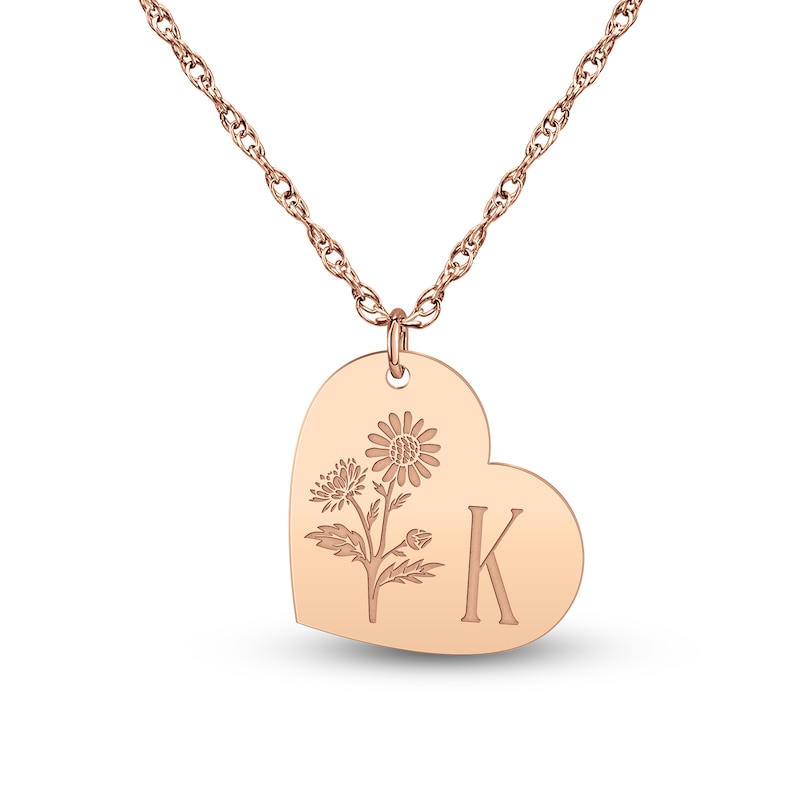 Main Image 1 of Birth Flower & Initial Tilted Heart Necklace 14K Rose Gold-Plated Sterling Silver 18"