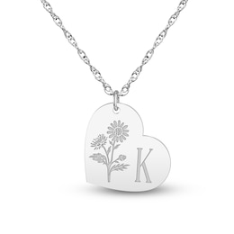 Birth Flower & Initial Tilted Heart Necklace Sterling Silver 18"