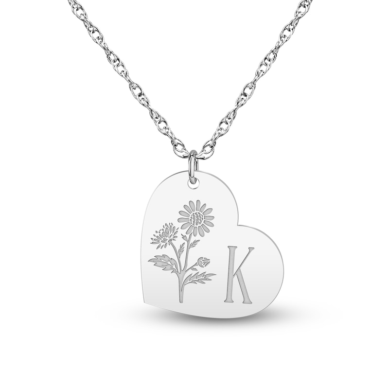 Main Image 1 of Birth Flower & Initial Tilted Heart Necklace Sterling Silver 18"