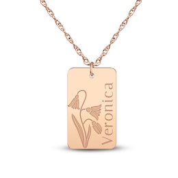 Name & Birth Flower Tag Necklace 14K Rose Gold 18"
