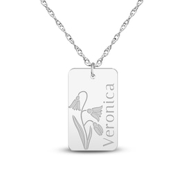 Name & Birth Flower Tag Necklace Sterling Silver 18"