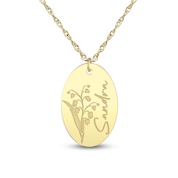 Script Name & Birth Flower Oval Necklace 10K Yellow Gold 18"