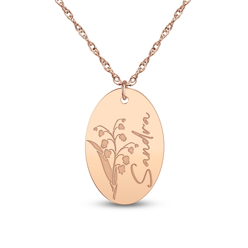 Main Image 1 of Script Name & Birth Flower Oval Necklace 14K Rose Gold 18"