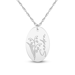 Script Name & Birth Flower Oval Necklace 14K White Gold 18"