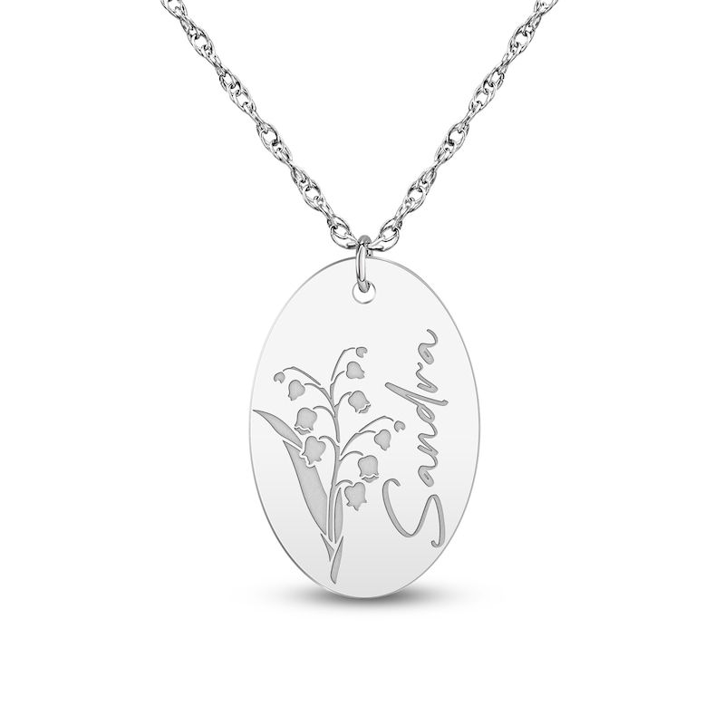 Main Image 1 of Script Name & Birth Flower Oval Necklace 14K White Gold 18"