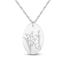 Script Name & Birth Flower Oval Necklace Sterling Silver 18"