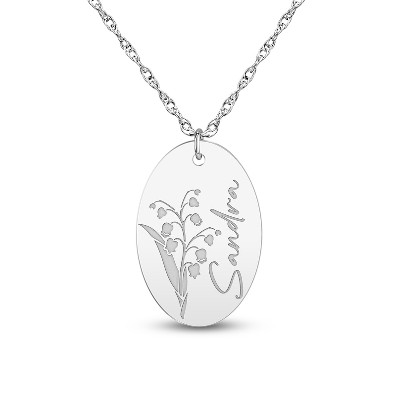 Main Image 1 of Script Name & Birth Flower Oval Necklace Sterling Silver 18"