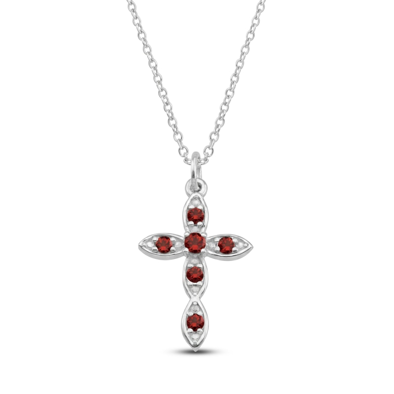 Main Image 1 of Natural Garnet Birthstone Cross Necklace Sterling Silver 18"