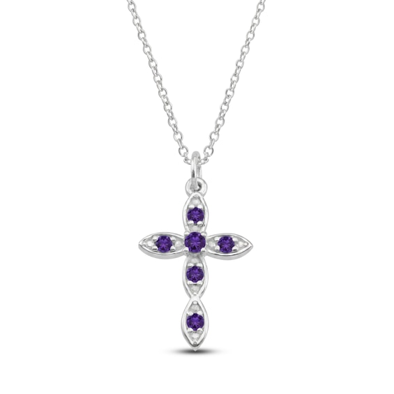 Natural Amethyst Birthstone Cross Necklace Sterling Silver 18"
