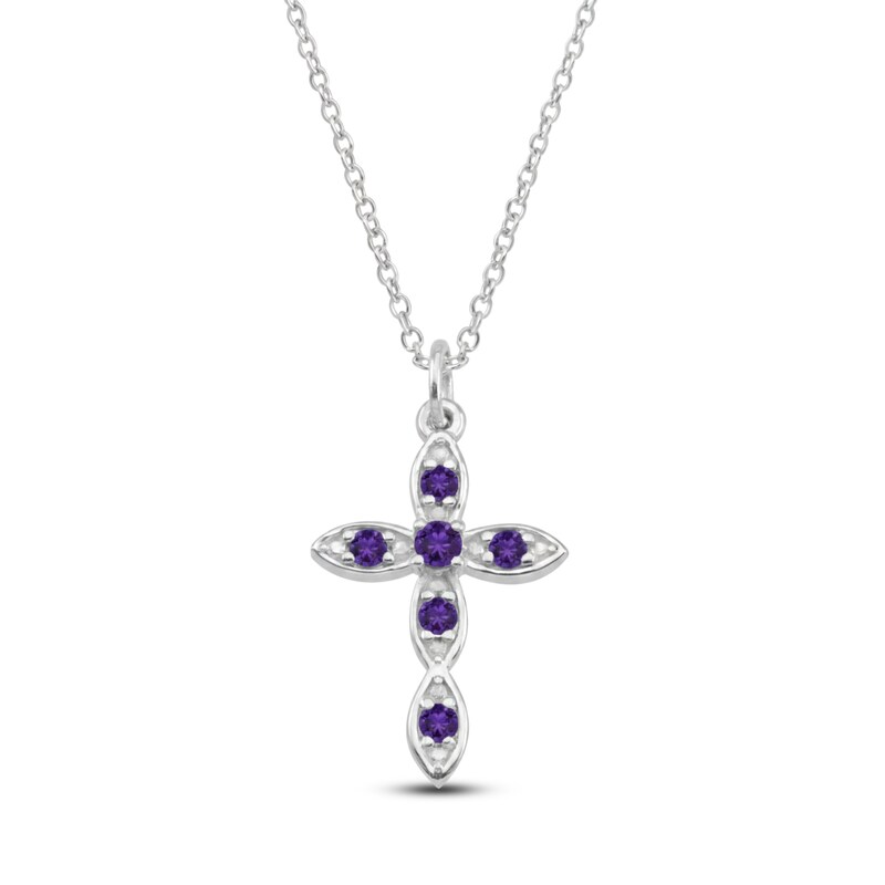 Main Image 1 of Natural Amethyst Birthstone Cross Necklace Sterling Silver 18"