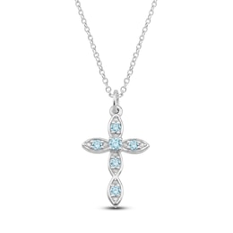 Natural Aquamarine Birthstone Cross Necklace Sterling Silver 18"