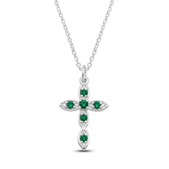 Lab-Created Emerald Birthstone Cross Necklace Sterling Silver 18"