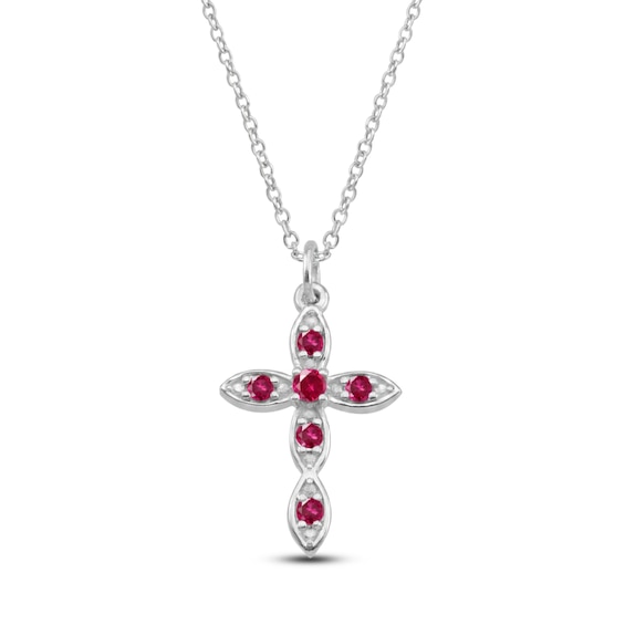 Lab-Created Ruby Birthstone Cross Necklace Sterling Silver 18"