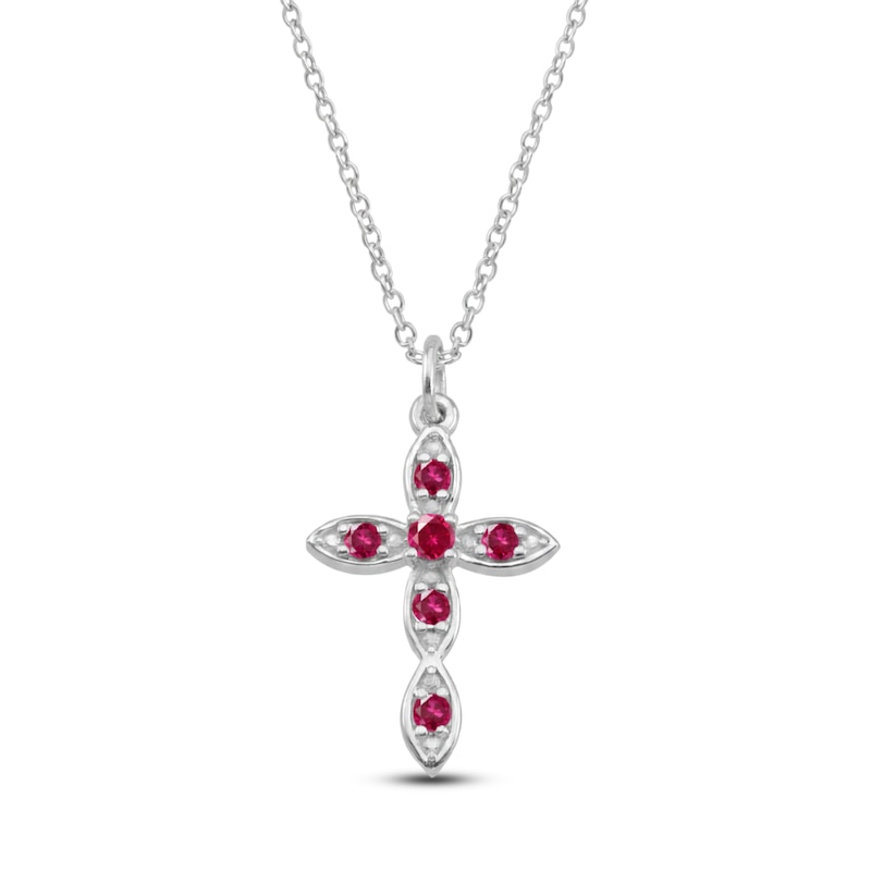 Main Image 1 of Lab-Created Ruby Birthstone Cross Necklace Sterling Silver 18"