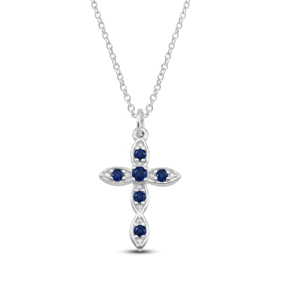 Blue Lab-Created Sapphire Birthstone Cross Necklace Sterling Silver 18"